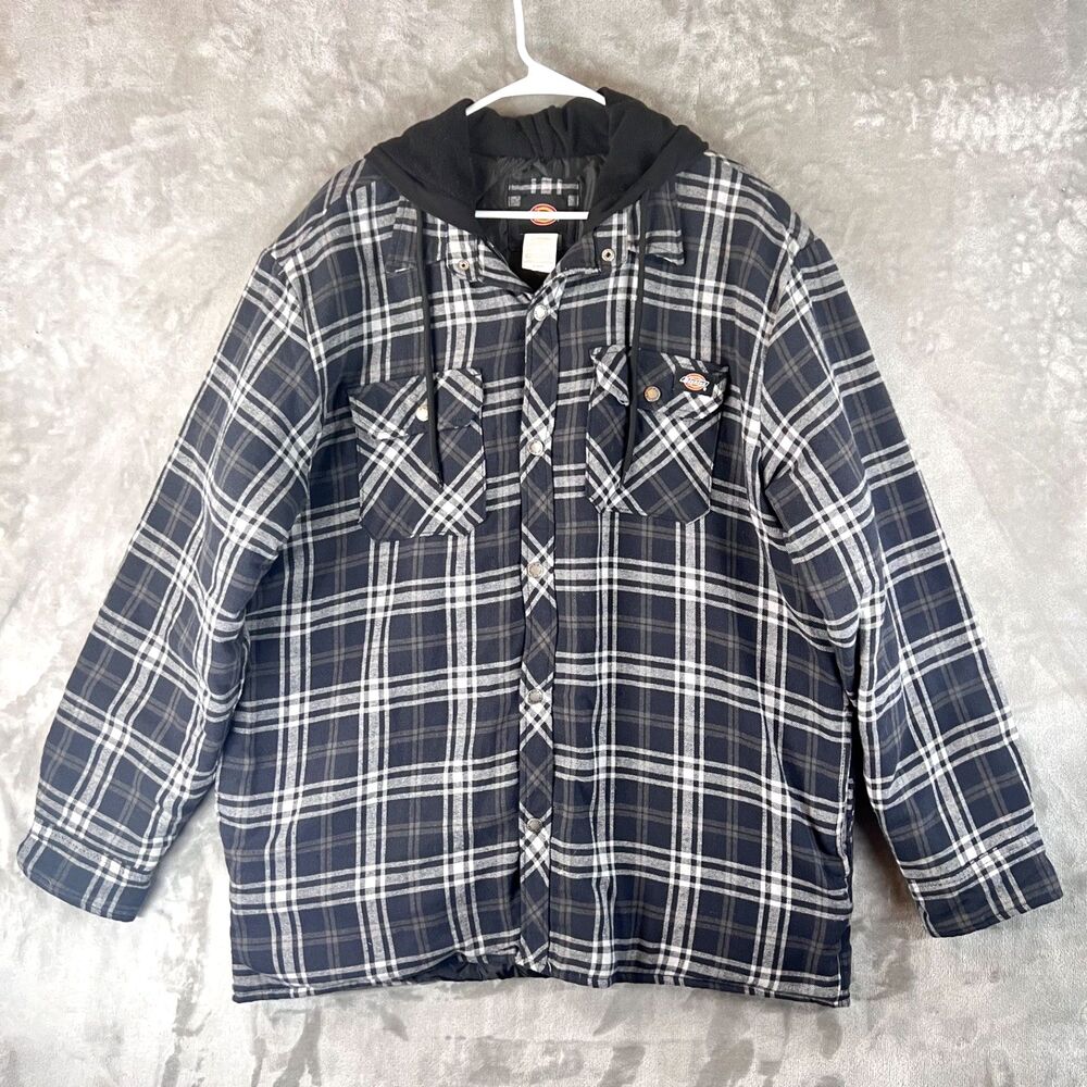 Dickies Men's XL Blue Plaid Hooded Flannel Shirt Jacket Quilted Lined Workwear
